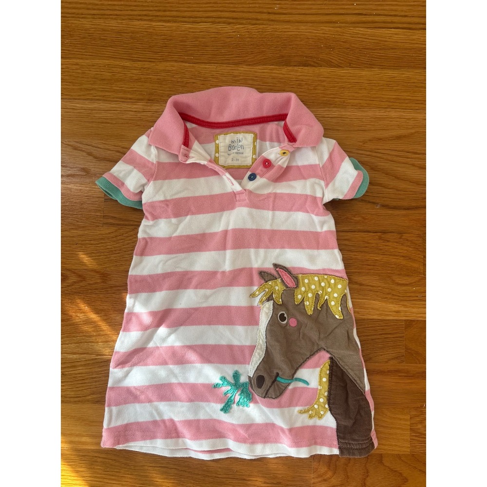 Mini Boden Girls Pink White Striped Horse Applique Polo Dress 2-3Y